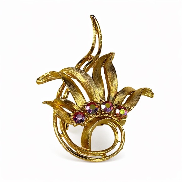 Unbranded Jewelry - Vintage Gold Tone Floral Spray Brooch Pink Aurora Borealis Rhinestone Pin 2 Inch
